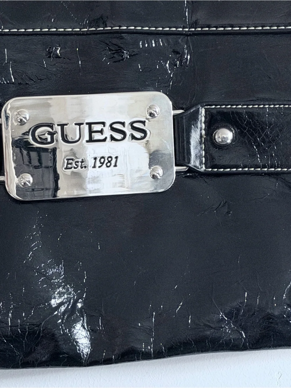 GUESS Black Patent Leather Clutch with Silver Plaque
